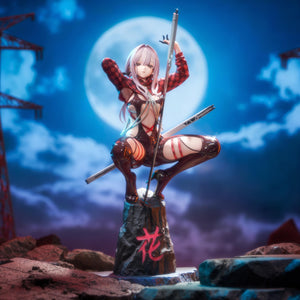 Atmospheric diorama shot of the Scarlet (Racer's High) scale figure displayed against a night sky background with a full moon and electrical towers.