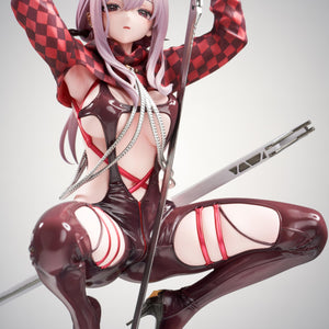 Medium close-up of the Scarlet Racer's High figure detailing her face sculpt, checkered jacket, and silver chain accessories.