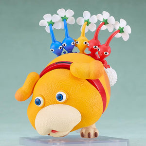 Nendoroid Oatchi shown with several Pikmin figures clinging to its back, recreating the carrying mechanic from Pikmin 4.