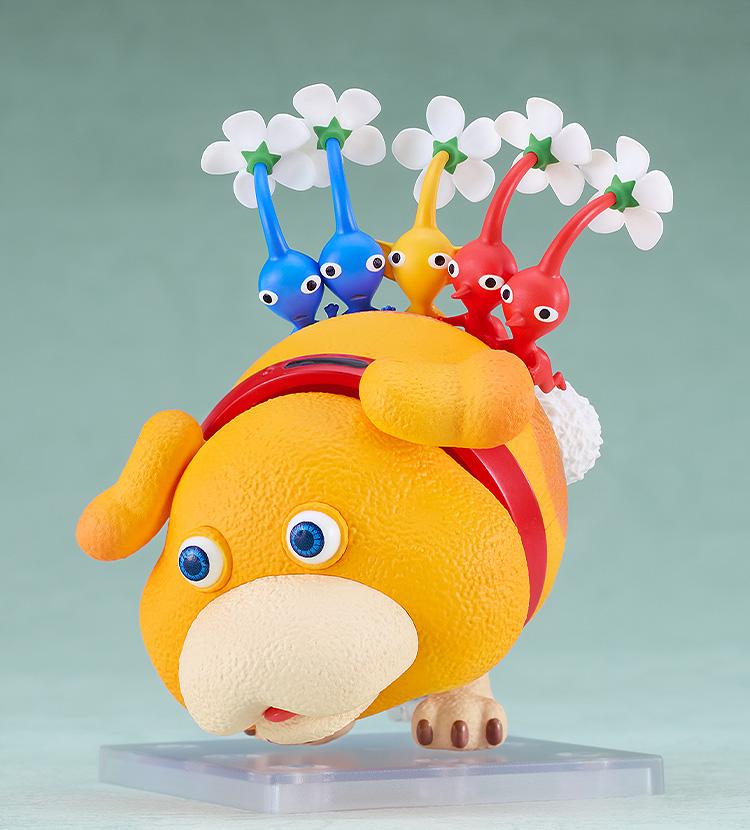 Nendoroid Oatchi shown with several Pikmin figures clinging to its back, recreating the carrying mechanic from Pikmin 4.
