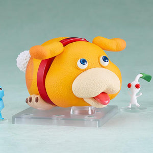 Oatchi Nendoroid figure posed with small Blue, White, and Purple Pikmin miniatures on a display stand.
