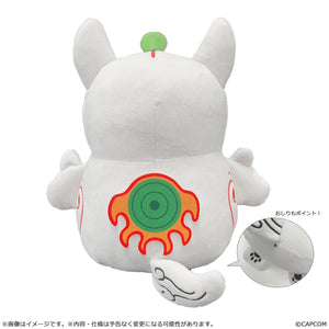 Rear view of the Amaterasu MochiKawa plushie, detailing the colorful green, orange, and red divine instrument emblem printed on the back, the white curled tail, and an inset detail circle highlighting the black paw prints on the bottom feet.