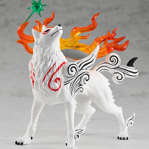 Full body front view of the dynamic, non-articulated Okami Amaterasu Pop Up Parade figure standing in a dignified pose against a neutral grey studio background.