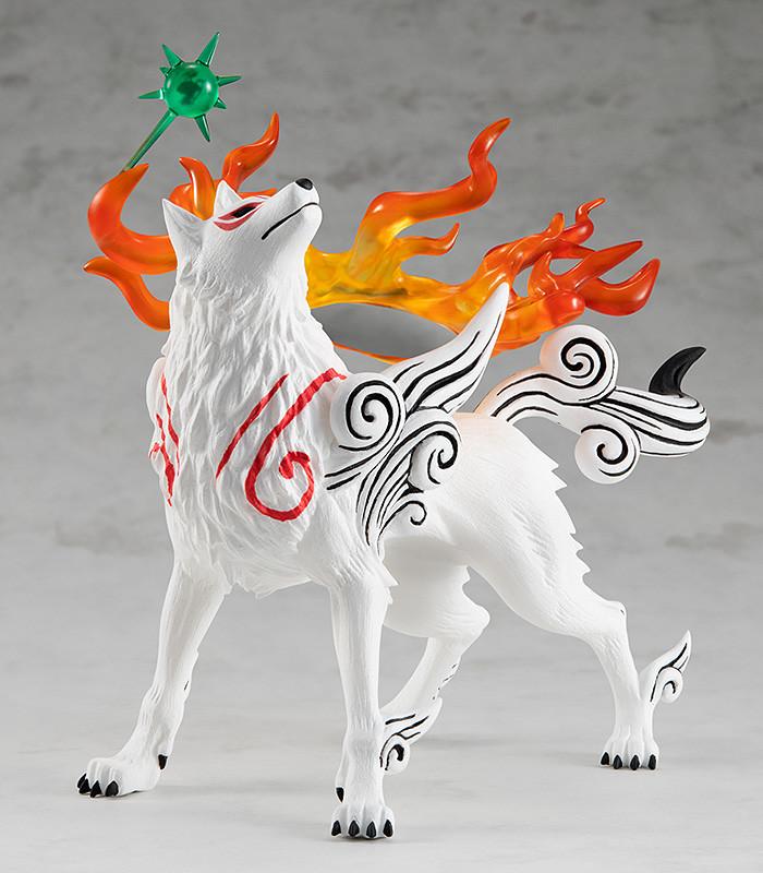 Full body front view of the dynamic, non-articulated Okami Amaterasu Pop Up Parade figure standing in a dignified pose against a neutral grey studio background.