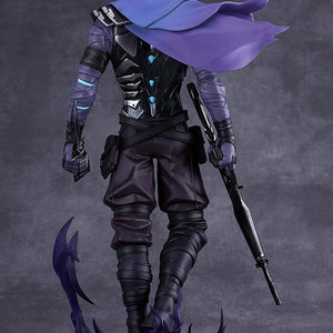 Back view of the Omen figure showing the intricate sculpt of his cape and the specialized base with dark energy effects.