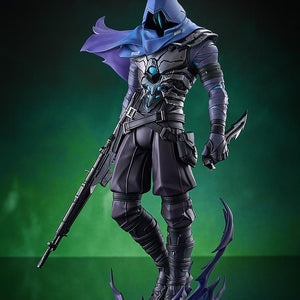 Omen Pop Up Parade SP figure displayed against a cinematic green gradient background, showcasing his glowing blue accents.