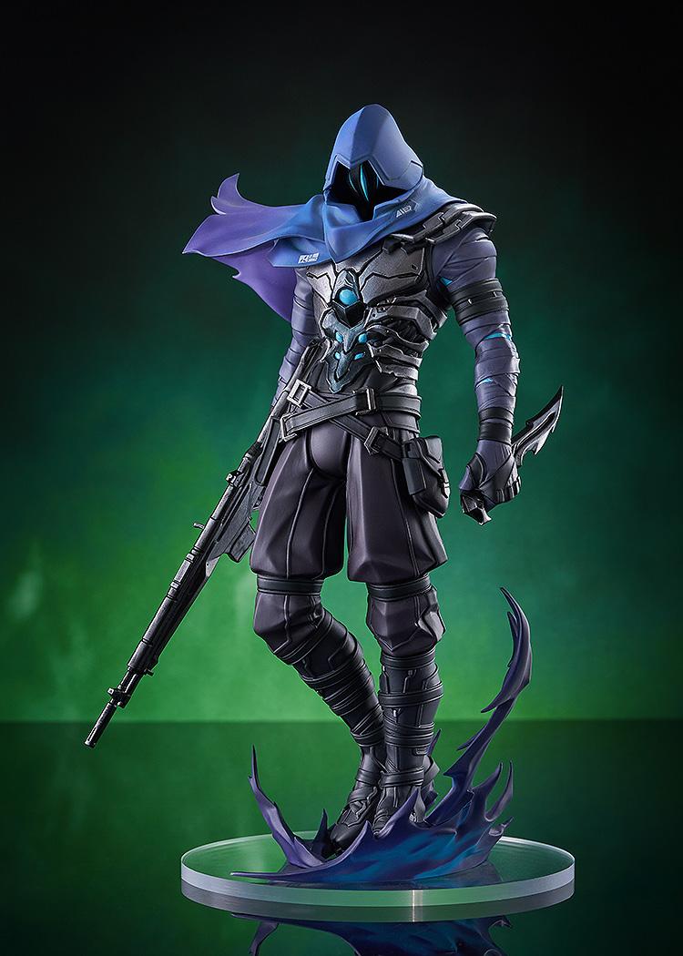Omen Pop Up Parade SP figure displayed against a cinematic green gradient background, showcasing his glowing blue accents.
