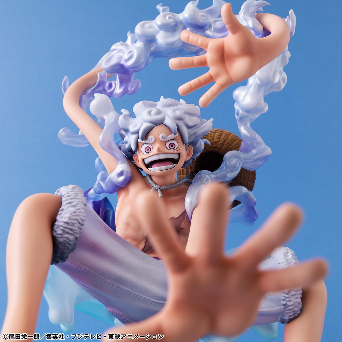 Cinematic hero shot of Luffy Gear 5 posed dramatically against a stylized lightning sky background.