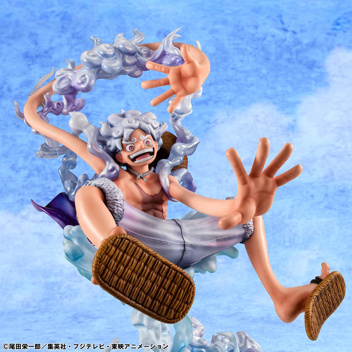 Side view of Luffy Gear 5 Portrait.Of.Pirates figure showcasing the athletic, floating pose.