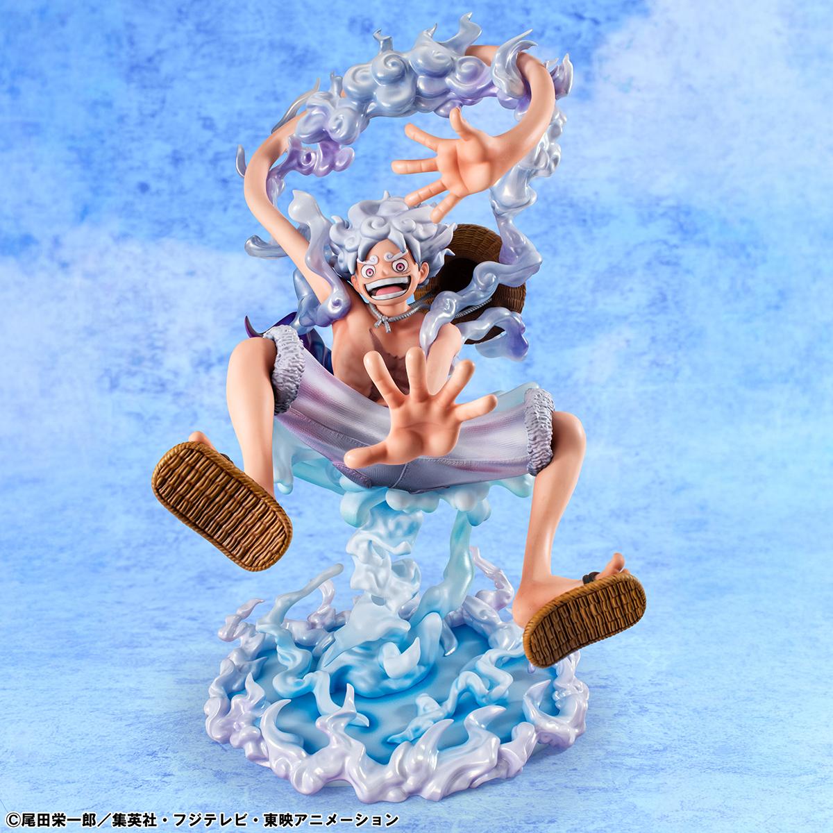 Side view profile of Luffy Gear 5 figure with white cloud effects wrapped around his body.