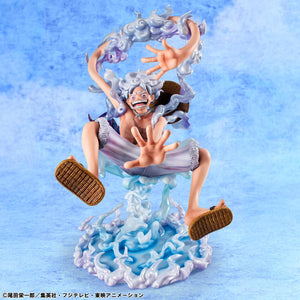 Side view profile of Luffy Gear 5 figure with white cloud effects wrapped around his body.