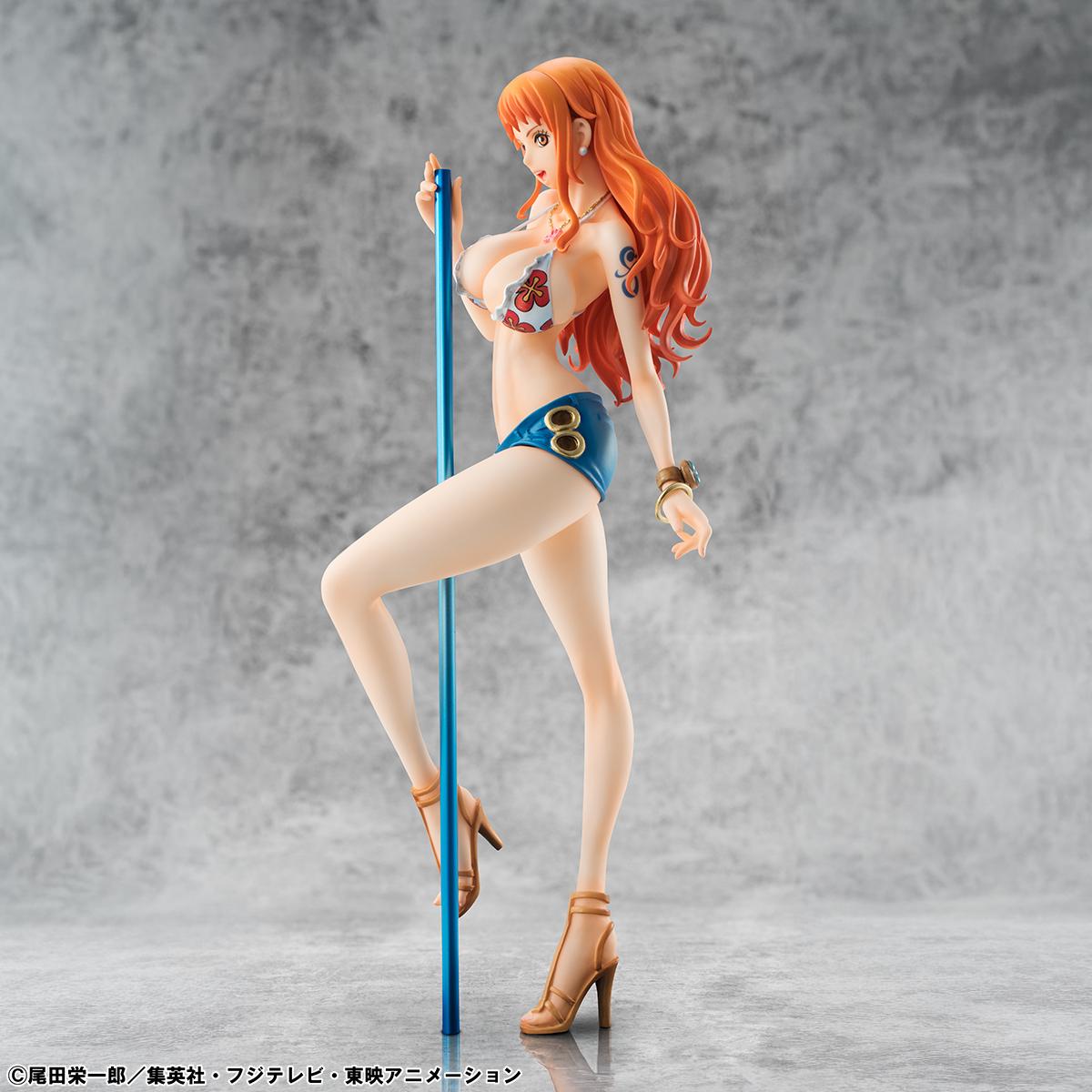 Side view of the Nami Portrait of Pirates figure highlighting her crossed-leg pose and the long orange hair flowing down her back.