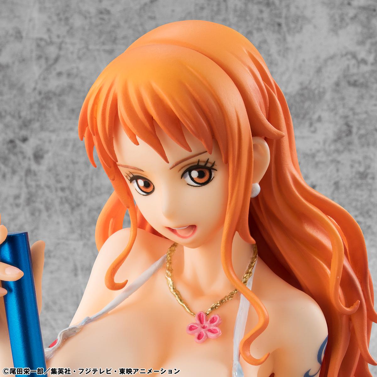 Front view of the Portrait of Pirates Nami New Version figure wearing a white and floral bikini top with denim hot pants on a plain white background.