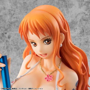 Front view of the Portrait of Pirates Nami New Version figure wearing a white and floral bikini top with denim hot pants on a plain white background.