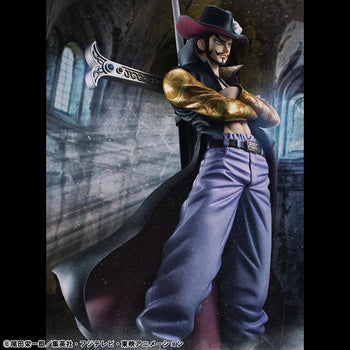 Full view of the Mihawk figure posed in a dark, atmospheric environment, emphasizing the cloak and gold armor.