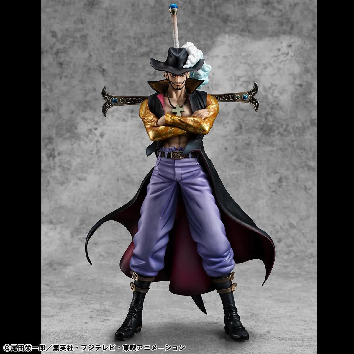 Full view of the One Piece P.O.P. SA-LIMITED Dracule Mihawk Ver.R figure with hat, arms crossed, and his Black Blade Yoru mounted on his back.