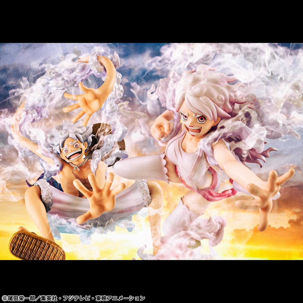 Group display showcasing the rich coloring and matching smoke bases of the Luffy and Bonney Nika form statues.