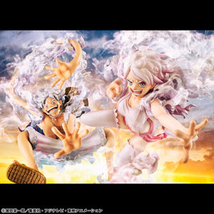 Group display showcasing the rich coloring and matching smoke bases of the Luffy and Bonney Nika form statues.