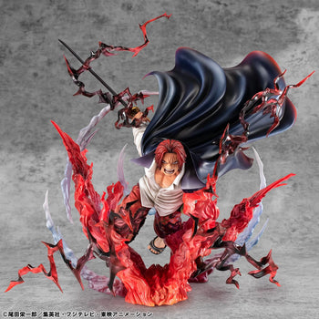 Front view of One Piece P.O.P SA-MAXIMUM Red-Haired Shanks Kamusari figure with red haki energy effects.