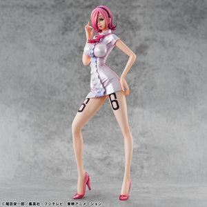Full front view of the One Piece Portrait of Pirates Vinsmoke Reiju Limited Edition figure in her casual white dress and pink heels.