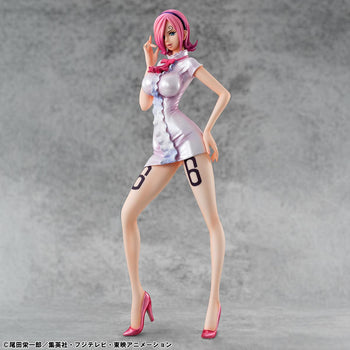 Full front view of the One Piece Portrait of Pirates Vinsmoke Reiju Limited Edition figure in her casual white dress and pink heels.