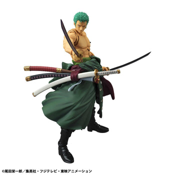 Roronoa Zoro Variable Action Heroes figure in a dynamic three-sword style combat pose with green hair and bare chest.