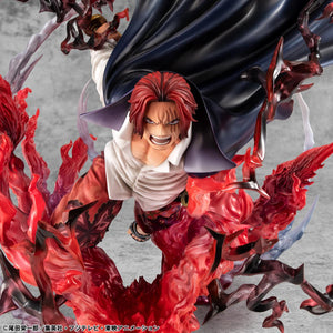 Mid-shot of Shanks statue focusing on the chest sculpt, open white shirt, and intense facial expression.
