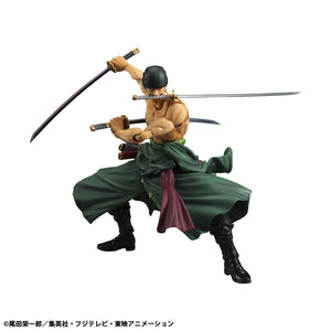Dynamic combat pose of the "Pirate Hunter" Roronoa Zoro holding three katanas, part of the Variable Action Heroes series.