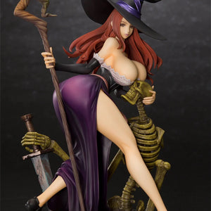 Full front view of the Orchid Seed Dragon's Crown Sorceress 1/7 Scale Figure, wearing her signature witch hat and posing with a staff and a skeleton.