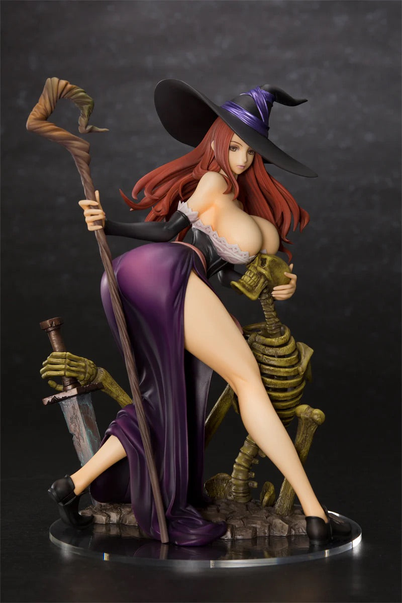 Full front view of the Orchid Seed Dragon's Crown Sorceress 1/7 Scale Figure, wearing her signature witch hat and posing with a staff and a skeleton.
