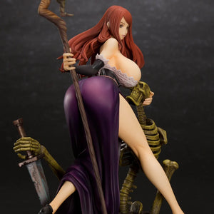 Close-up of the Sorceress figure without her hat, focusing on her upper body, face, and the dark purple fabric of her skirt.