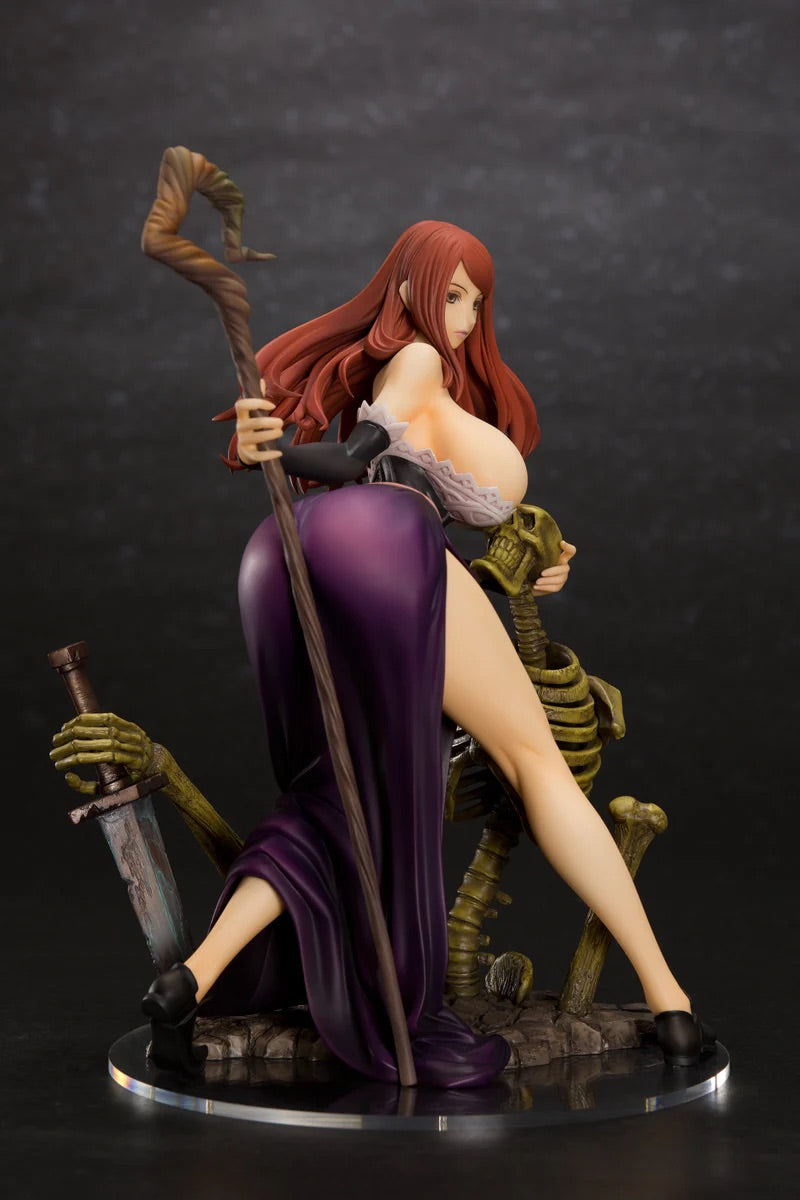 Close-up of the Sorceress figure without her hat, focusing on her upper body, face, and the dark purple fabric of her skirt.