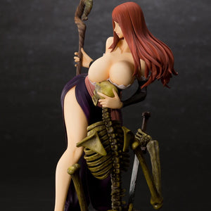 Rear view of the Sorceress figure without her hat, focusing on the sculpt of her hair and the details of the skeleton base.