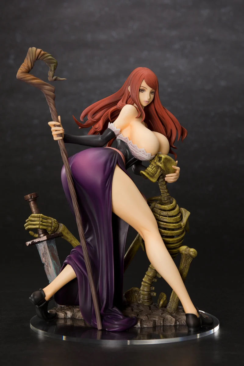 Full front view of the Orchid Seed Sorceress figure without her hat, posing with her staff and cradling the skeleton's head.