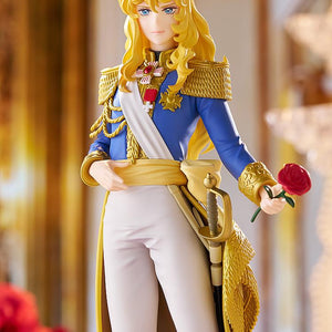 Waist-up view of the highly detailed Oscar Francois de Jarjayes figure holding a rose within a beautifully lit classical palace interior.