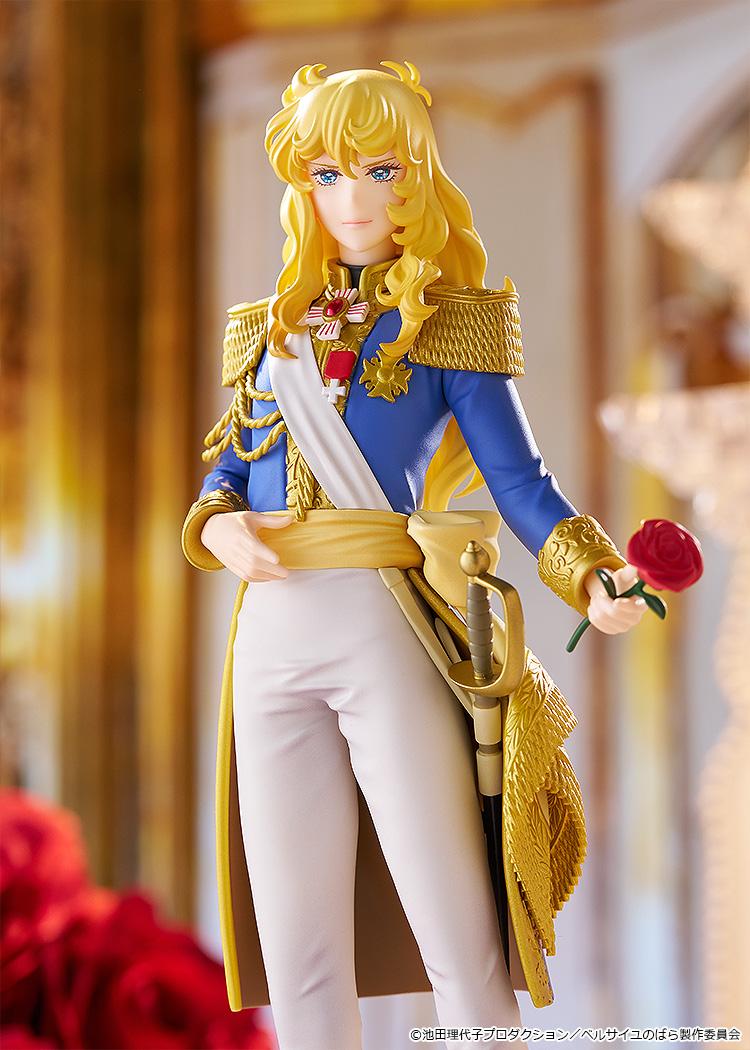 Waist-up view of the highly detailed Oscar Francois de Jarjayes figure holding a rose within a beautifully lit classical palace interior.