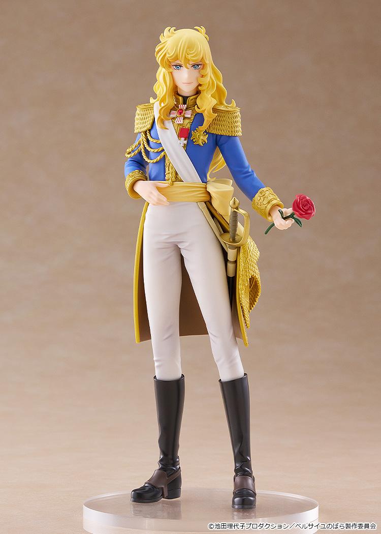 Full-body view of the non-articulated Good Smile Company Oscar Francois de Jarjayes figure standing on a clear circular base against a neutral beige background.