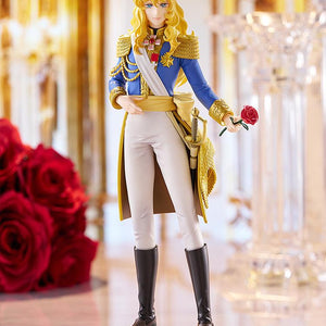 Elegant lifestyle display of the Pop Up Parade Oscar Francois de Jarjayes anime figure standing inside a lavishly decorated palace hall next to a bouquet of red roses.