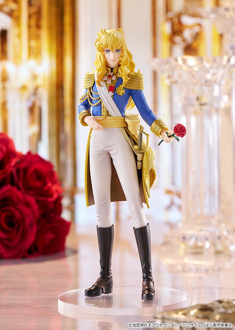 Elegant lifestyle display of the Pop Up Parade Oscar Francois de Jarjayes anime figure standing inside a lavishly decorated palace hall next to a bouquet of red roses.