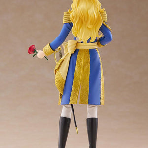 Full rear view of the Pop Up Parade Oscar Francois de Jarjayes figure, highlighting her long wavy blonde hair and the intricate gold embroidery on the back of her blue uniform coat.