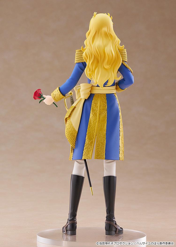 Full rear view of the Pop Up Parade Oscar Francois de Jarjayes figure, highlighting her long wavy blonde hair and the intricate gold embroidery on the back of her blue uniform coat.