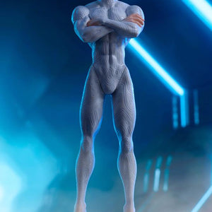 Millions Knives Oshi Works figure standing in a glowing blue futuristic hallway studio setup