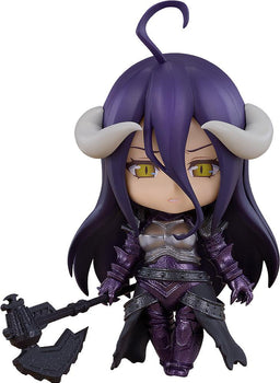Close-up front view of the Overlord Albedo Armor Version Nendoroid Basic figure featuring purple hair, yellow slatted eyes, white horns, and full metallic purple and silver armor while holding a black halberd axe.