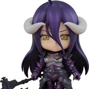 Close-up front view of the Overlord Albedo Armor Version Nendoroid Basic figure featuring purple hair, yellow slatted eyes, white horns, and full metallic purple and silver armor while holding a black halberd axe.