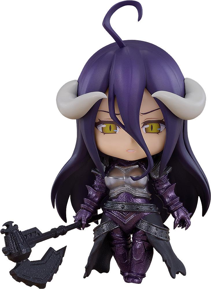 Close-up front view of the Overlord Albedo Armor Version Nendoroid Basic figure featuring purple hair, yellow slatted eyes, white horns, and full metallic purple and silver armor while holding a black halberd axe.
