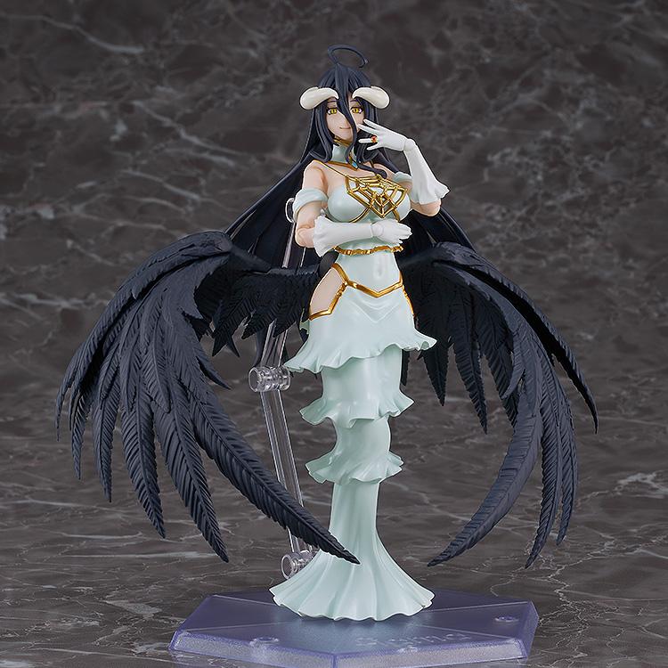 Overlord figma Albedo action figure standing in her white dress with large black feathered wings extended on a dark studio base.