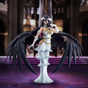 Dramatic promotional shot of the figma Albedo figure standing inside the Great Tomb of Nazarick hall diorama.
