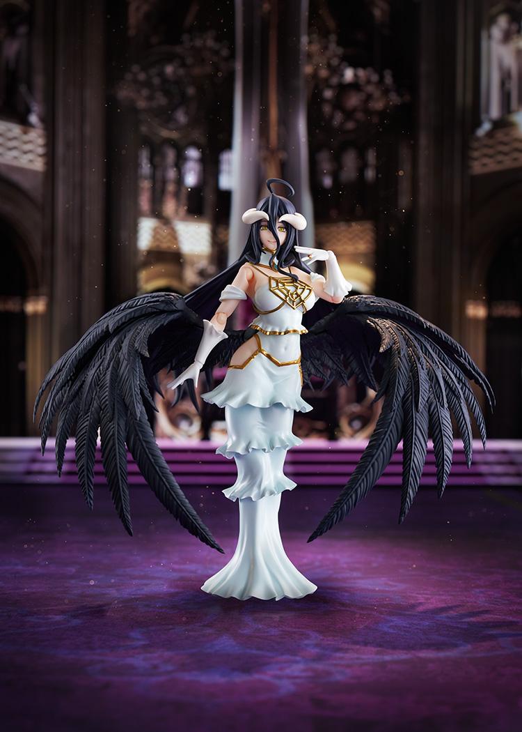 Dramatic promotional shot of the figma Albedo figure standing inside the Great Tomb of Nazarick hall diorama.