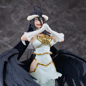 Close-up shot of the figma Albedo figure displaying her excited euphoric facial expression and clasped hands.