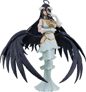 Figma Overlord Albedo action figure in white dress and black wings isolated on a plain white background.